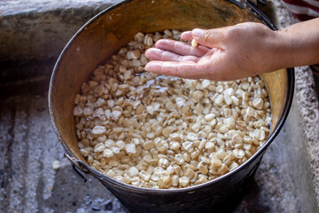 preparacion de nixtamal de maiz, para la elaboracion de tortillas torteadas en cocinas...
