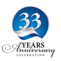 Anniversary 33 years celebration logo silver white blue ribbon background