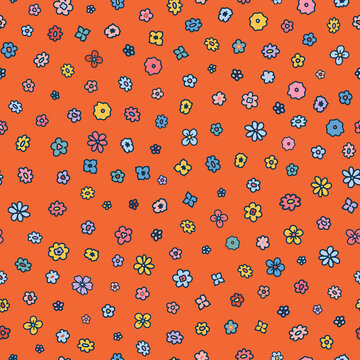 Cartoonish little ditsy daisy seamless repeat pattern. Random placed, vector flower petals all over surface print on orange background.