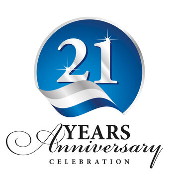 Anniversary 21 years celebration logo silver white blue ribbon background