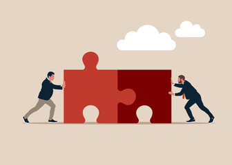 Businessmen pushing two jigsaw puzzle elements. Business concept. Teamwork metaphor. Symbol of working together, cooperation, partnership. Vector illustration in flat style.