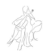 Cellist, beautiful girl with cello vector illustration one stroke sketch style isolated on white background