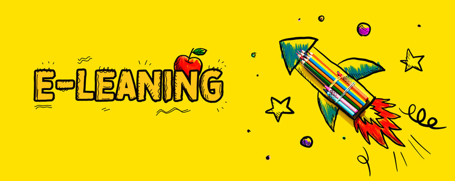 E-Learning theme with hand drawn rocket and colored pencils