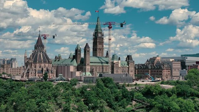 Aerial view of Ottawa Ontario Canada downtown core and parliament hill with peace tower