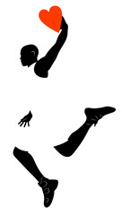 A basketball player throws the ball into the hoop. Love for basketball. Silhouette of a basketball player with a heart in his hands.