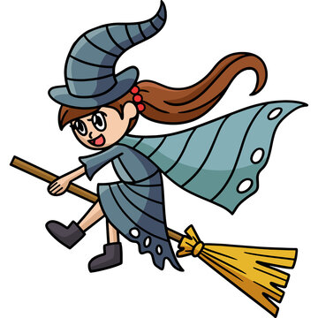 Witch Riding On A Broom Halloween Cartoon Clipart 
