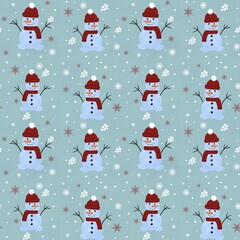 Christmas seamless pattern with happy snowman on blue bakground