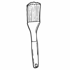 Silicone cooking brush. Doodle style. Kitchen utensils. Design element for decorating menu, recipes, and food packaging. Hand drawn and isolated on white. Black-white vector illustration.