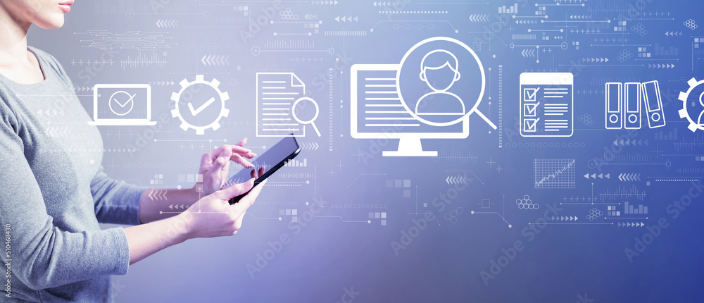 Poster document management system concept with business woman using a tablet computer