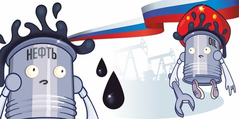 Russian oil, sanctions on Russian oil. Cartoon barrel of Russian oil.