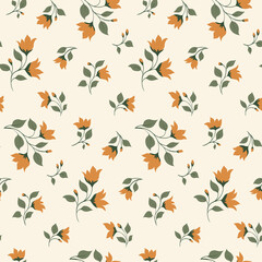 Seamless floral pattern with flower branches on a light background. Cute floral print design, rustic botanical surface with yellow flowers, green leaves on the branches. Vector.