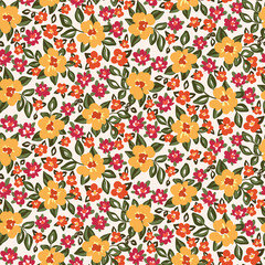 Seamless pattern, cute ditsy print with flowers, leaves, bouquets in folk style. Pretty floral surface design, natural background with small hand drawn plants. Vector illustration.