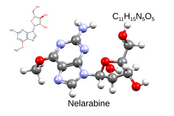 Chemical formula, skeletal formula, and 3D ball-and-stick model of chemotherapeutic drug nelarabine, white background