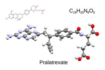 Chemical formula, skeletal formula, and 3D ball-and-stick model of chemotherapeutic drug pralatrexate, white background