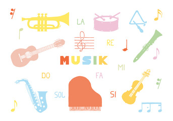 Set of musical instruments and notes with the inscription Music in the middle in doodle style. Hand Drawn. Freehand drawing. Sketch.