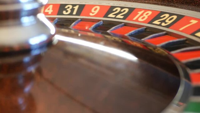 Ball on wooden french roulette table in casino. Wheel spinning, turning or rotating. Odd and even numbers, black, red and zero sectors. Bets in game of chance. Money playing, gambling or risky betting