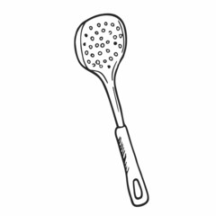 Skimmer slotted spoon in doodle style. Kitchen tool. Hand drawn vector illustration in black ink isolated on white background.