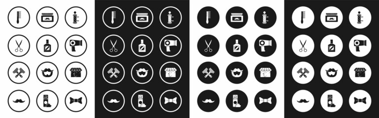 Set Classic Barber shop pole, Aftershave, Scissors hairdresser, Hairbrush, dryer, Cream lotion cosmetic jar, Barbershop building and Crossed shaving razor icon. Vector