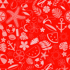 Seamless pattern of various items related to summer holidays at sea, in red colors