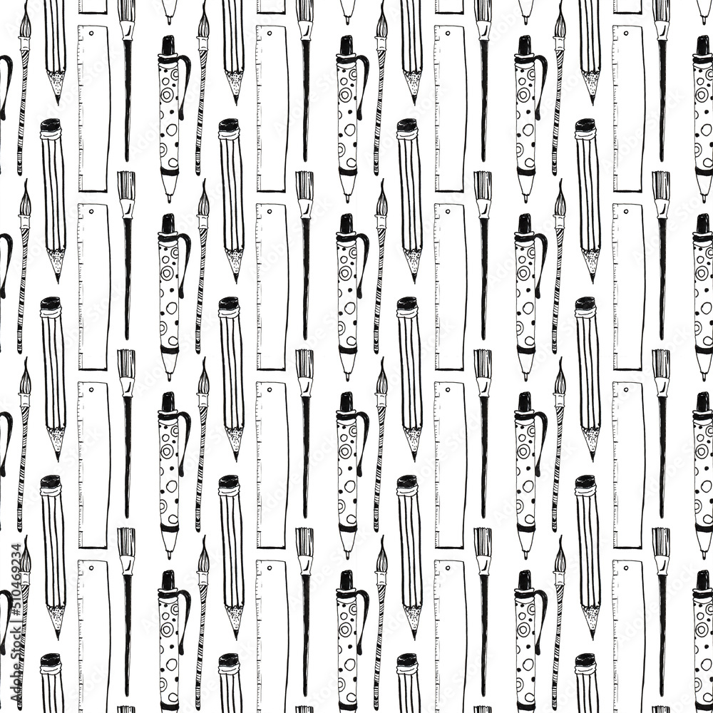 Wall mural Back to school doodle seamless pattern. Hand drawn with ink.