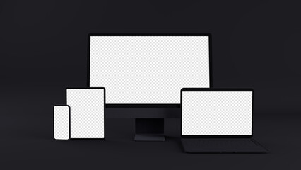 3D Illustration Dark Mode Computer, Laptop, Tablet, Phone Mobile Device Mockup in 8K