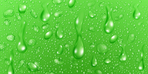 Background with big and small realistic water drops in green colors
