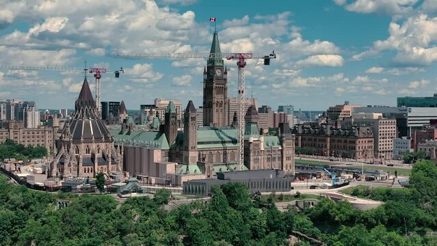 Aerial view of Ottawa Ontario Canada downtown core and parliament hill with peace tower