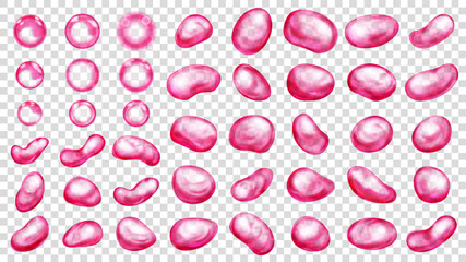 Set of realistic translucent water drops in red colors in various shapes, isolated on transparent background. Transparency only in vector format