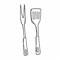 BBQ spatula doodle. Barbeque cutlery. Vector illustration hand drawn