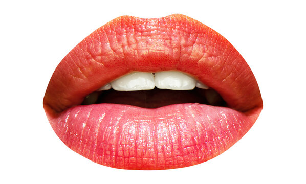 Sensual woman lips. Womans lip. Girl mouth close up with red lipstick. Sexy lips.