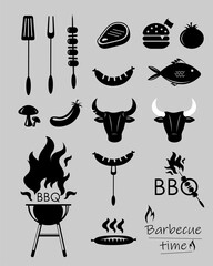A set of icons on the theme of barbecue on the grill. Separate signs. Vector illustration. Collection
