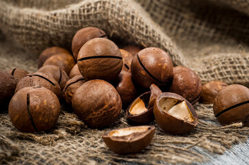 Pecan nut on a white background. Bunch of pecans isolate closeup