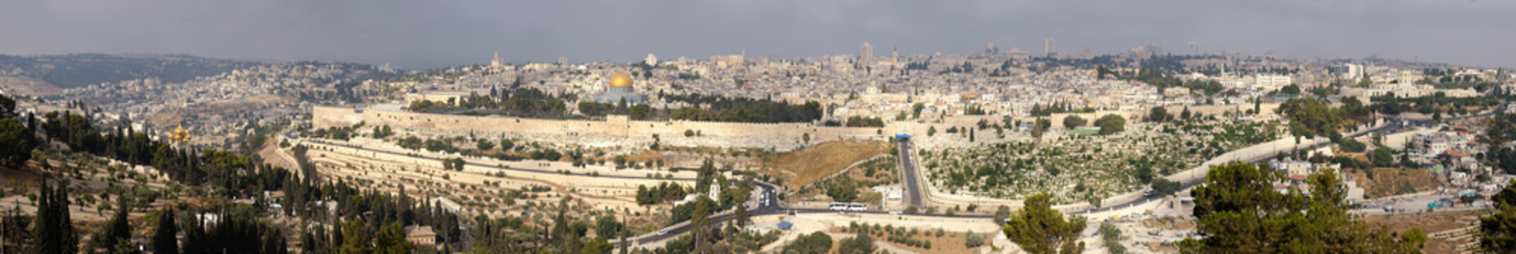 Panorama of old Jerusalem, Mount of Olives and Kidron Valley