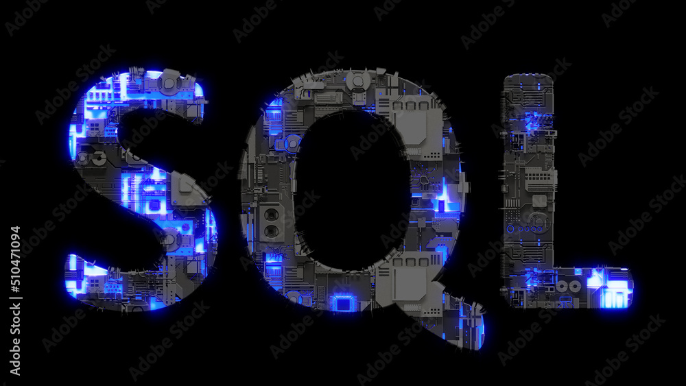 Poster modern cybernetic text sql shining blue electric light, isolated - object 3d rendering