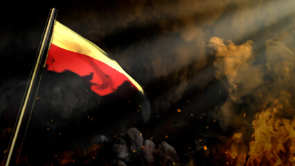 defocused Poland flag on smoke with sun beams background - crysis concept - abstract 3D illustration
