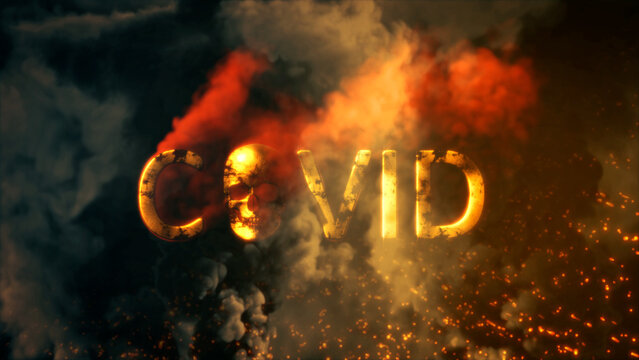 Text Covid With Skull Burning On Dark Smoke Bg - Abstract 3D Illustration