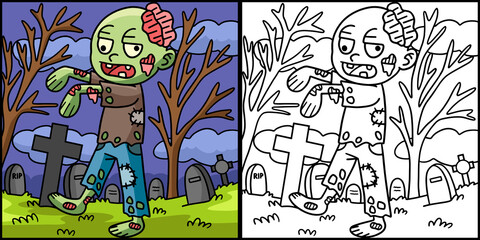 Zombie Halloween Coloring Colored Illustration