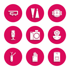 Set Photo camera for diver, Gloves, Backpack, Aqualung, Swiss army knife, Gauge scale, Wind rose and Diving belt icon. Vector