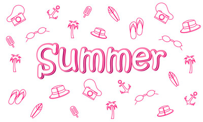 Summer background design banners. Horizontal poster, greeting card, header for the site.  Pattern with summer symbols.   White and pink colors. 