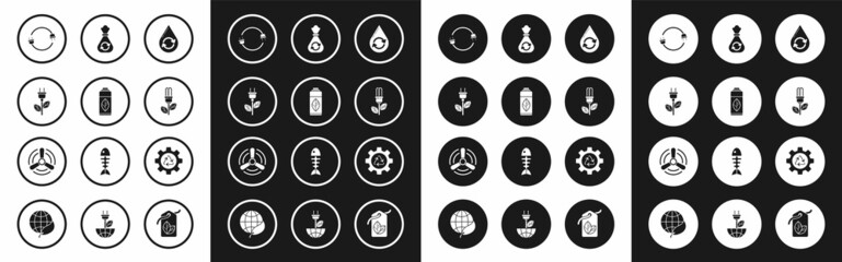 Set Recycle clean aqua, Recycling plastic bottle, Electric saving plug leaf, Light bulb with, Garbage bag recycle, symbol and gear and Wind turbine icon. Vector