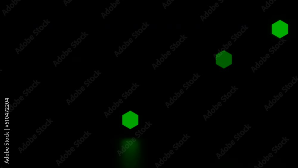 Poster background of flashing hexagons. design. glowing hexagons with reflection on surface of black backgr