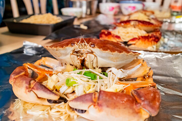 Close up shot of stone crab preparing for grilling