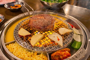Close up shot of Korean style grill meat