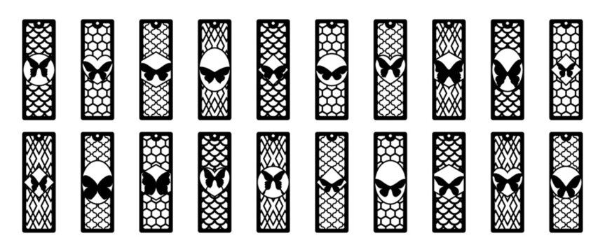 Set of vertical bookmarks with butterfly. Template for plotter laser cutting of paper, metal engraving, wood carving, cnc. Vector illustration