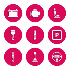 Set Car spark plug, Gear shifter, Steering wheel, Parking, Shock absorber, Engine piston, seat and battery icon. Vector