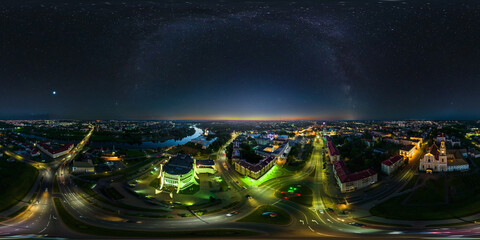 aerial seamless spherical 360 night panorama overlooking old town, urban development, historic...