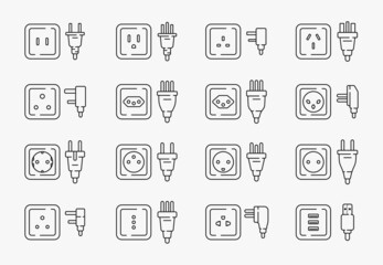 power outlet plug world standards line icons set vector flat illustration
