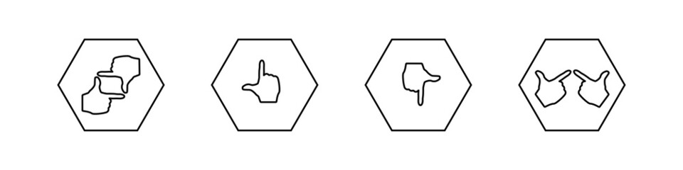 Finger up or forward icon. Different characters that mean good, great. OK. Vector illustration of a hand brush in a hexagon.