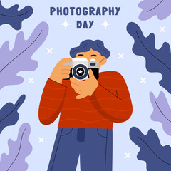 Guy taking a photo. Male photographer stands and takes a picture with camera. World photography day. Flat hand drawn cartoon vector illustration
