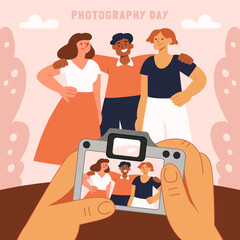 Photographer takes picture of three friends. Hands, camera screen, people posing. Delicate warm colors. World photography day. Flat hand drawn cartoon vector illustration